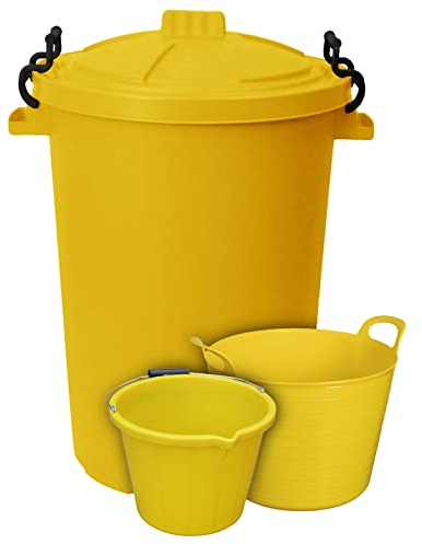 Set of 3- Yellow 20 Litre Flexible Plastic Storage Container Bucket Tub Trugs Horse Feeder with 50L Litre Heavy Duty Clip Lock Lid Rubbish Bin, Dustbin and 3 Gallon 14 Litre Plasters Builder Bucket