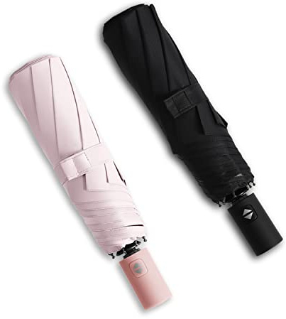 BAODINI Small UV Protection Travel Umbrella Compact for Rain and Sun UPF 50+ Windproof Portable 42 inch Umbrella for Women and Men Pink & Black