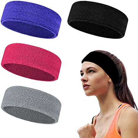 4 Stück Polyester Baumwolle Stirnband Sportzubehör Rutschfestes Gummiband Männer und Frauen Geeignet für Outdoor-Sportarten Tennis Yoga