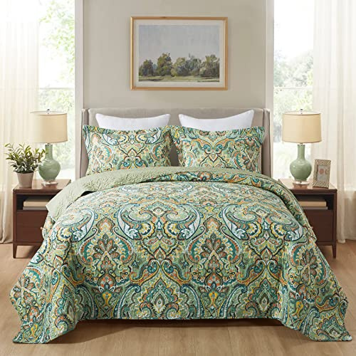 NEWLAKE Baumwoll-Tagesdecken-Set, wendbar, Patchwork-Bettbezug-Set, europäisches grünes Blumenmuster, Queen-Size-Größe