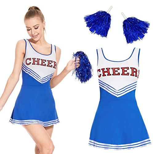 FORMIZON Cheerleader Kostüm, Cheerleader Kostüm Damen Sexy, Cheerleading Uniform Kein mit Pompons und Socken, High School Cheerleader Kostüm für Halloween Verkleidung Karneval (Blau-ohne Socken, L)