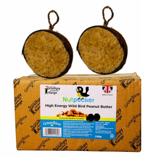 Grumpy Gardener Peanut Butter Bird Food - NutPecker Coconut Halves, 2.5kg | Pre-Filled Coconut Feeder Halves, Hanging Peanuts for Wild Birds, High-Energy Suet Feed, Ideal Alternative to Fat Balls
