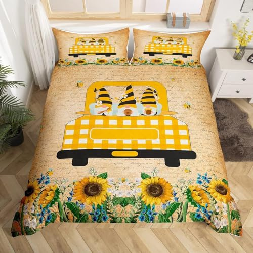 Homewish Spring Gnome Duvet Cover King Sweet Honey Bees Truck Loads Gnomes Bedding Set For Teens Youth Rustic Sunflowern Daisy Comforter Cover Vintage Flowers Bed Cover With 2 Pillow Sham