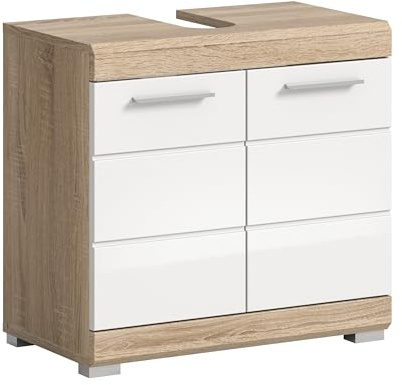 xonox.home - Waschbeckenunterschrank Lambada 60x56x34 cm in Sonoma Eiche hell und weiß Hochglanz - Unterschrank Badmöbel Badezimmerschrank - hochwertig verarbeitet stilvolles Ambiente