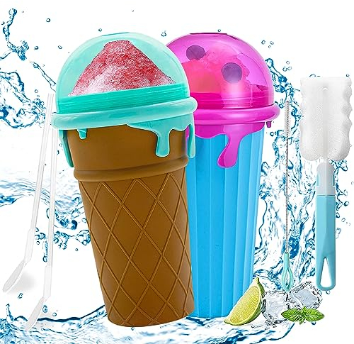 DAZZTIME Slush Becher 2-teiliges Set,Silikon Squeeze Cup Slush Eis Becher zum Kneten Smoothie Pinch Ice Cup DIY Slushy Maker Cup Gefrorene Maker Smoothie Becher Sommer-Slush Cup mit Strohhalmlöffel