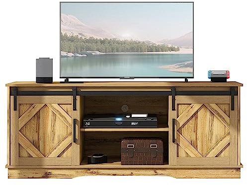 kubeier Meuble TV Bas Vintage, Meuble TV Bois 150 cm avec Portes coulissantes et 2 Compartiments Ouverts, étagères modulables, Meuble TV pour Salon Bureau, 150 * 40 * 60cm, Marron Vintage,Brown