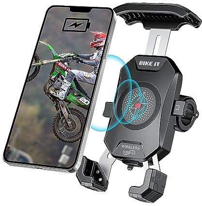 Bike It Motorcycle Phone Holder 15W Fast Wireless Charger + USB-C 20W Super Fast Charger, Waterproof Motorbike Mobile Holder, Mount Fits 4'' - 7'' Mobile Phones