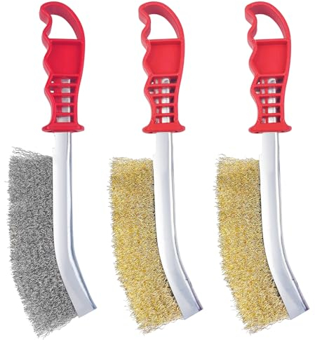 Tekenewbse 3 Pezzi Spazzola Acciaio con Manico in Plastica, 140mm Spazzola Metallica in Acciaio Inox E Ottone, per La Pulizia di Vernice, Grasso Sporco, Ruggine, Sporco, Polvere