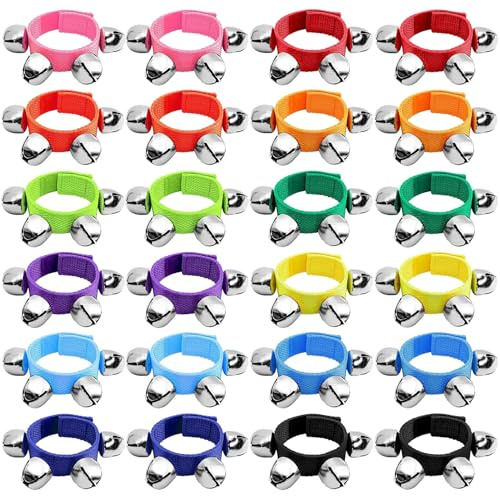 ailixinda 24 Stück Handgelenk-Bänder, Jingle Bells, 12 Farben, Band, Handgelenkglocken, Knöchelglocken, verstellbare Musik-Handglocken, Jingle Bell Armbänder für Kinder, Rhythmusinstrument, Percussion