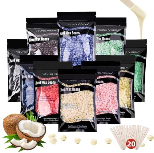 YOUNG VISION Hard Wax Beads for Hair Removal, 2.2lbs 1000g Refill Waxing Beads for Sensitive Skin Women, Face, Brazilian, Bikini, Body, Soft and Painless Waxing Beans, 10 Packs, Multi Color