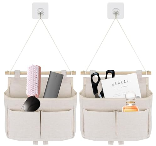 SPHERETRON 2 Stück Hängeorganizer,Hängende Aufbewahrungstasche,High Capacity Faltbares Wandorganizer, Taschen Wandorganizer Tasche mit 3 Fächer mit Klebriger Haken für Home,Diele,Kinderzimmer(Beige)