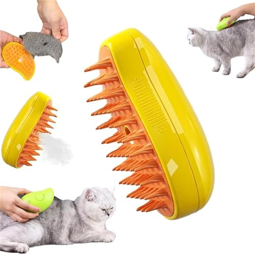 Cat Steamy Brush, 3 in 1 Steamy Cat Brush, Katzenbürste mit Wasser, Selbstreinigende Dampfende Katzenbürste, Katzenpflegebürste für Langhaar und Kurzhaar zum Entfernen Losem Fell und Schmutz (Gelb)