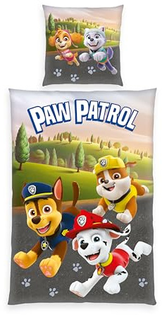 Herding Bettwäsche Paw Patrol, Kopfkissenbezug 80 x 80 cm mit Wende-Motiv, Bettbezug 135 x 200 cm, Mit Knopfleiste, 100% Baumwolle