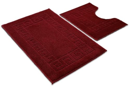 Ambience Products Lot de 2 tapis de bain antidérapants doux et lavables à séchage rapide - Motif clé grecque - Tapis de douche et contour WC (bordeaux)