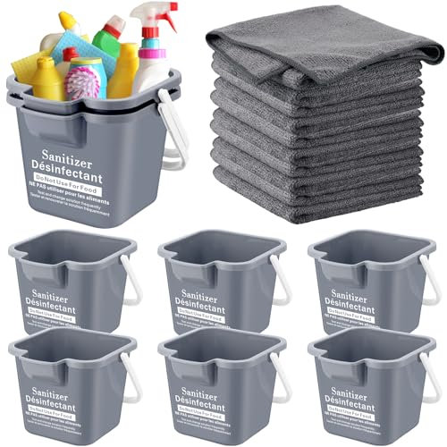 Vesici 6 Sets 3 Quart Cleaning Bucket with Microfiber Cleaning Cloths Small Sanitizing Square Bucket Detergent Plastic Utility Pail with Handle for Household Restaurant Office School Use (Gray)
