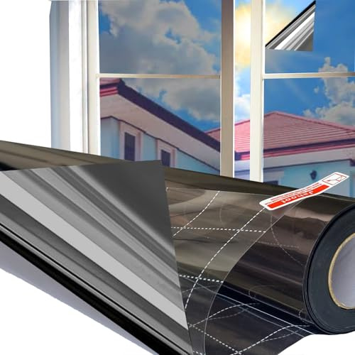 Jahoot One Way Window Privacy Film with Grids for Easy Apply, Window Tint for Home UV Sun Blocking Heat Control, Non-Adhesive Tinting Film House Office Daytime Privacy, Silver-Black, 17.7 X 78.7