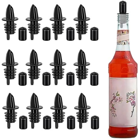 12 PCS Bottle Pourers And 12 PCS rubber pourers dust cap covers Syrup Pourer Pour Spouts Plastic Liquor Bottle Pourers with Rubber Pourers Dust Cap Covers Bottle Pourers (black)