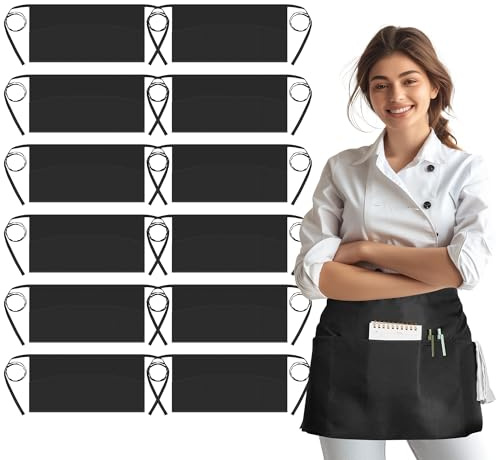 Syntus 12 Pack Server Aprons with 3 Pockets, Water Resistant Waitress Waist Apron for Women Men, Server Apron with Large Pockets for Waitress Book, Phone & Cutleries, 11.5-inch Black