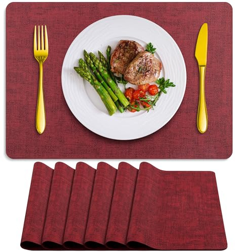 BARTHKIT Tischsets 6er Set Abwaschbar Hitzebeständig Tischset Abwischbar Kunstleder Platzsets rutschfest Wasserdicht Quadratisch Tischmatten für Innen Draußen Weinrot