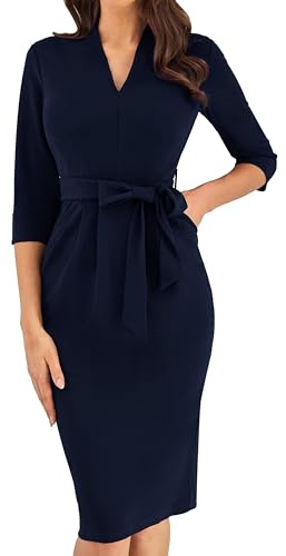 GRACE KARIN Damen Cocktailkleid 3/4-Ärmel Elegantes Midi-Bodycon-Kleid V-Ausschnitt Slim Fit Bleistiftkleid mit Gürtel Hochzeitsgästekleider Alltagskleid | Abnehmbarer Gürtel in der Taille, Rückenschlitz, V-Ausschnitt mit Reißverschluss. Perfekt für Kirche, Beerdigung