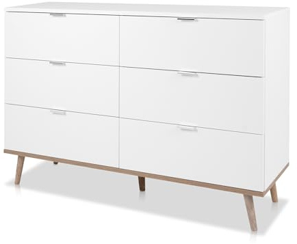 KHG Kommode 6 Schubladen Scandi, Sideboard aus Holzwerkstoff weiß foliert | für Wohnzimmer und Esszimmer, 120x86x40 cm (B/H/T), Schublade, für Stauraum und Ordnung, pflegeleicht im Alltag