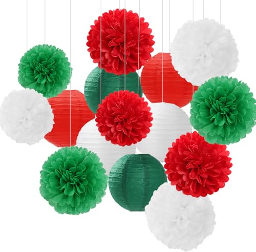 Rot-grün-weiße Party-Dekorationen, Weihnachtsblumen, Laternen – 15 Stück italienische mexikanische Unabhängigkeitstag, Papierpapier-Pompons, Luftschlangen, Mexiko, Italien, Geburtstag, Babyparty,