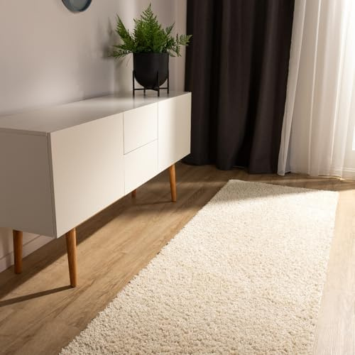 benuta Basic Hochflorteppich Teppich Wohnzimmer Sohari - Creme 70x200 cm - Minimalistischer Look - Weich & Waschbar - Für Schlafzimmer, Flur oder Esszimmer - Geeignet für Fußbodenheizung