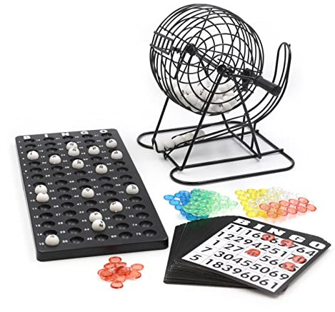 Kyto Bingo Spiel Metalltrommel 18 Bingotickets 75 Bingo Kugeln 150 Chips Spielbrett schwarz Erwachsene Kinder Basic