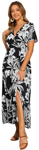 Allegra K Donna Vestito Midi Floreale Maniche A Palloncino Abito con Scollo A V Casuale Nero XL