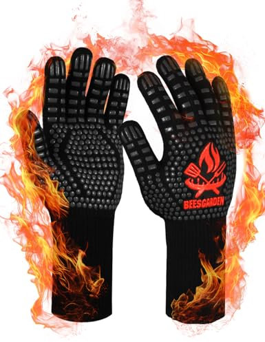 Beesgarden BBQ Gloves extreme heat resistant 800°C / 1472°F, Silicone Non-Slip Grilling bbq Gloves Oven Mitts Oven Gloves for Barbecue, Grilling, Cooking, Baking, Smoker - Black, L/XL/XXL Size