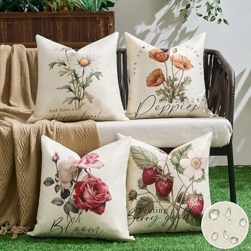 Dorunfeey Juego de 4 Fundas Cojines Exterior 40x40 cm Fundas de Cojines Modernas Lino Cuadrado Flores Funda de Almohada Elegantes Decorativa para Dormitorio Sofá Silla Cama