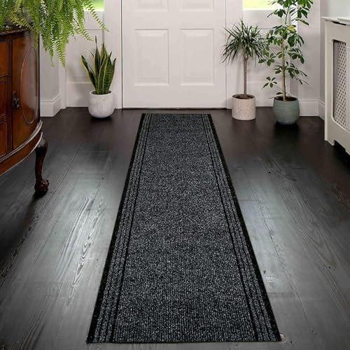 IMPERIAL STUDIOS Carpet Hallway Runner Anti Slip Entrance Matting Kitchen & Living Room Sturdy Washable & Lightweight Custom Length Narrow Rug Runner Non-Slip Rubber (2 Ft, Anthracite)
