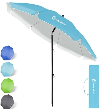 Grandekor Parasol de Plage, Parasol de Jardin Exterieur, UV50+, Ombrelle réglable en Hauteur et Inclinaison, avec Ancre de Plage de 12cm, pour Plage, Balcon & terrasse, 217cm, Bleu Ciel