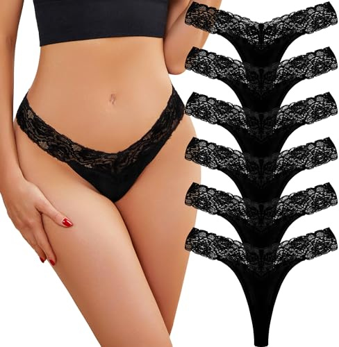Chumix 6er Pack String Tanga Damen – Spitzen Unterwäsche Frauen, V-Waist Thongs Women, Hipster Seamless Slip, Unsichtbare Bequem, Unterhosen Damen Baumwolle Für Alle Jahreszeiten