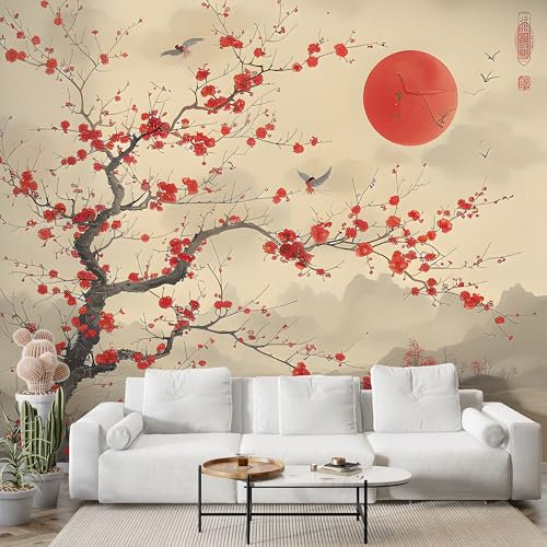 Boceoey Papier Peint Panoramique Montagne Japonaise Fleurs De Cerisier - Papier Peint Intissé Autocollant - Soleil Rouge Japon Décoration Murale - Adhésif Mural pour Salon Chambre, 100x70 cm - S-826