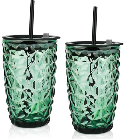 YYTECH 2 pièces Verre à Eau Vert avec Couvercle et Paille, 400ml Gobelets, Verre Matcha Latte Avec Paille, Gobelet Smoothie Avec Couvercle, Tasse à Café, Boire pour Latte glacé, thé, jus
