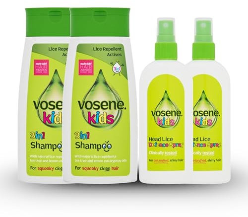 Vosene Head Lice Shampoo for Kids 4 Pack | Lice Repellent Treatment | 2 Conditioning Defence Spray 150ml | 2 Shampoo 250ml | Strong Formula for Lice Protection & Treatment