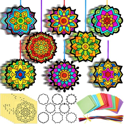 MotiMind 32 Sets Mandala Suncatchers Art and Crafts DIY Stained Glass Tissue Paper Kit Window Ornaments Bulk for Summer Home Birthday Party Art Activity Decor