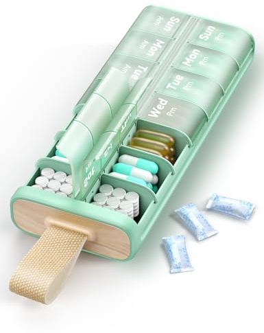 IDEERFIT Tablettenbox 7 Tage Pillendose [LFGB-zertifiziert] [Trockensicher] [Tablettenbox 2 mal täglich] Tabletten Organizer Pillbox Organizer Medikamentenbox Morgens Abends (Green)