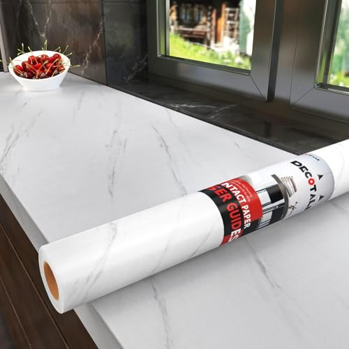 Decotalk Folie für Möbel Weiß Küche Marmoroptik 90X300cm Möbelfolie Weiß Arbeitsplattefolie Wandfolie Klebefolie Küche Selbstklebend Dekorative Folie für Möbel Schreibtisch Arbeitsplatte Abwaschbar