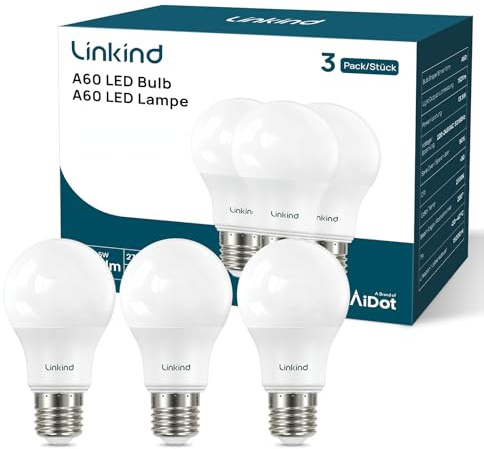 Linkind E27 LED Birne 8W=60W, 5000K Tageslicht, 840 Lm, Standard A60 Form, 220°, matt, 3 Stück