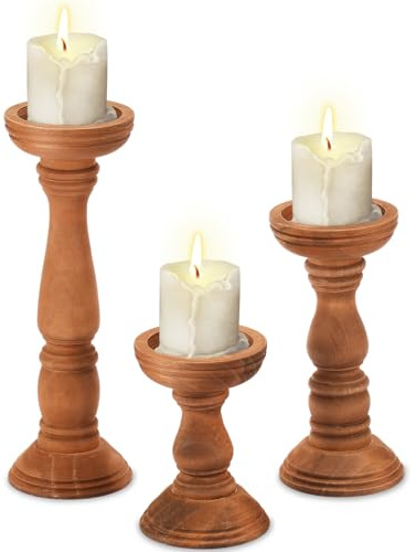 BAODBF 3 Stück Rustikale Kerzenständer,Kerzenhalter Stumpenkerzen,Kerzenhalter Holz,Hoch Stumpenkerzenhalter für Kamin Tisch Party Event