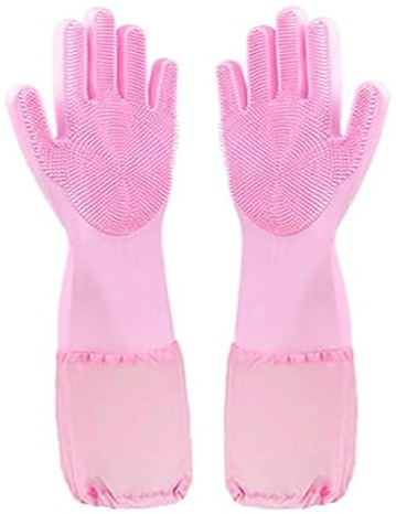 SQYDFDC 2 Paar Silikon -Geschirrhandschuhe, wiederverwendbare Silikonpeeling -Reinigung für Geschirrspüle (lila, rosa, grün) Rosa No velvet inside2pcs