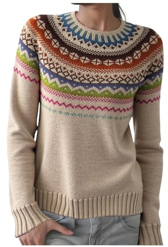 DhogSuai Pullover Damen Strickpullover Rundhals Sweatshirt Oversize Pulli Langarm Sweater Vintage Winterpullover Herbst Norweger Jumpers Fair Isle Damenpullover Strick Mode Outerwear (01-Khaki, S)
