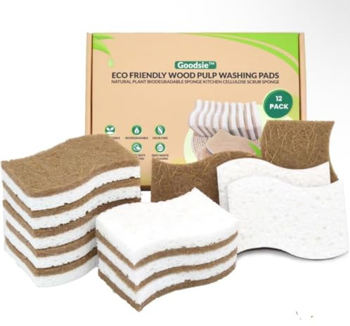 Pack of 12 Eco Washing Up Dish Sponges-Dual Sided S-Shape Natural Wood Cellulose & Coconut Kitchen Sponges Multipack-Heavy Duty,Non Scratch,Pan,Pot & Dish Scrubbers Non Stick Cookware,Biodegradable