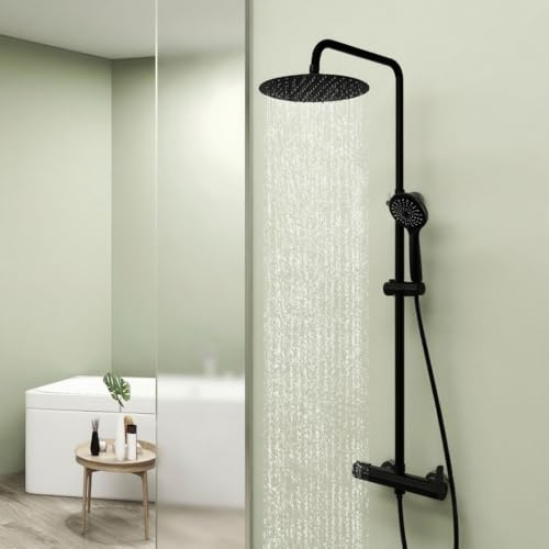 Biubiubath Colonne de Douche avec Mitigeur Mécanique, Ensemble de Douche avec Pommeau de 25 CM + Douchette 3 Jets, Hauteur Réglable, Chromé (Noir)