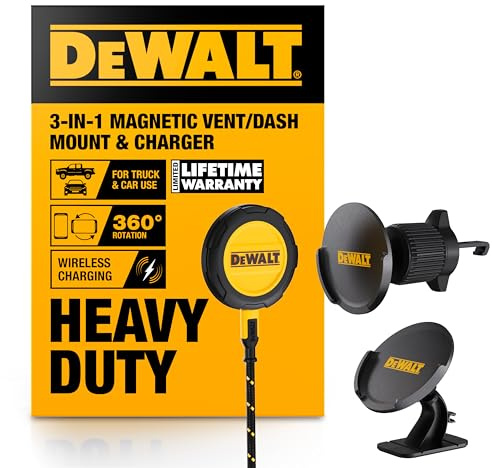 DEWALT Magnetic Phone Holder for Car Kit, Heavy Duty Wireless Charger, Vent Mount, Dash Mount, Charging Mounted Holders Cell Phone Holders for Your Car Accessories for Women Men for iPhone 17 16 15 14