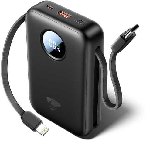 Aioneus Power Bank 20000mAh, 35W USB-C PD Schnellladefunktion PowerBank mit integrierten Kabeln (USB-C & Lightning), LED Display, Externe Handyakkus Kompatibel mit iPhone, Samsung, iPad, Laptop