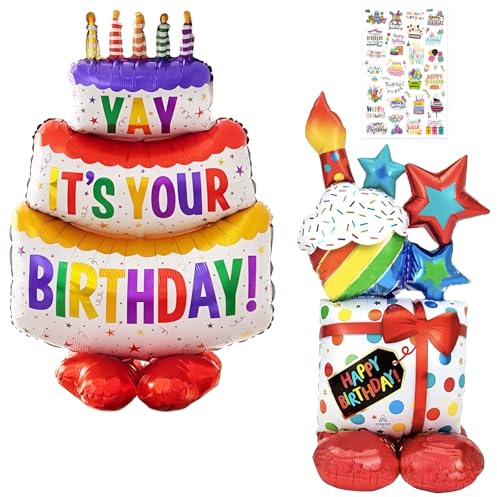 ZenyTra Set di palloncini Happy Birthday in piedi, 1 XXL a 3 piani con base + 1 confezione regalo palloncino con base + 25 adesivi, decorazione di compleanno, palloncini in pellicola