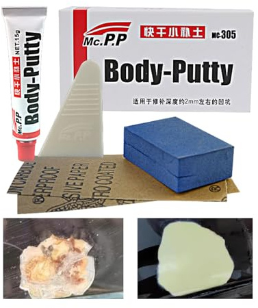 Kit de réparation de rayures profondes pour voiture – Mastic de carrosserie à séchage rapide 15 g avec éponge, papier de verre et grattoir | Réparation de peinture automobile DIY pour surfaces bosselé